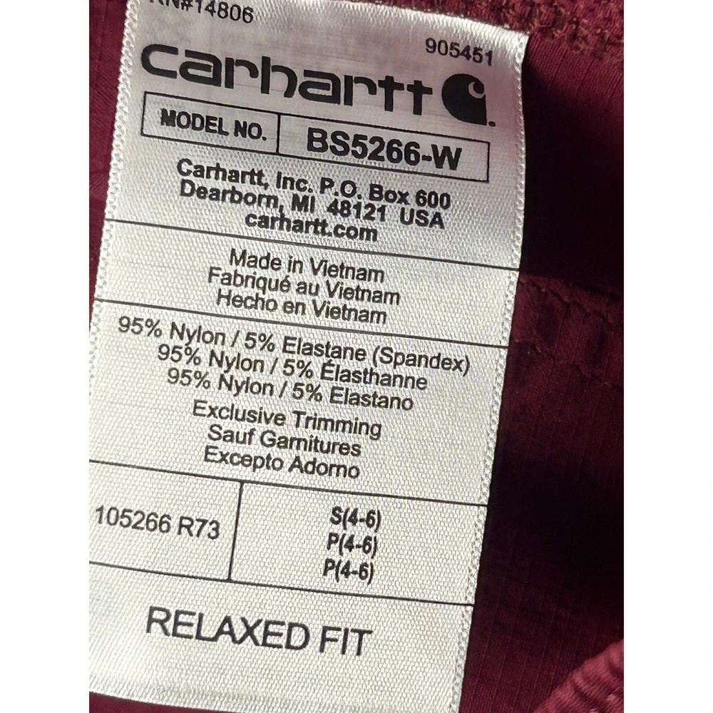 Carhartt Force Relaxed Fit Ripstop 5Pocket Work Short BS5266-W Wine Red Womens S